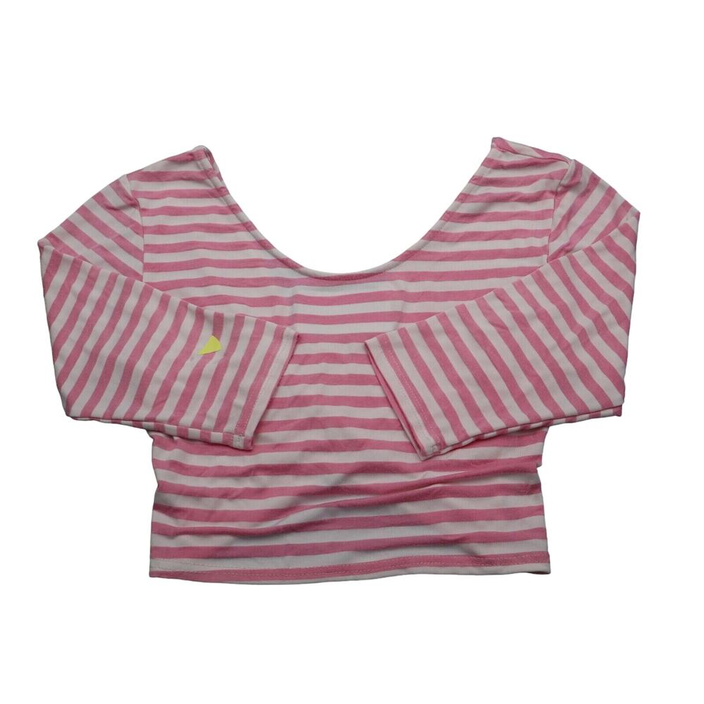 36 Point 5 Shirt Womens L Pink Striped Quarter Sleeve Scoop Neck Cropped Top